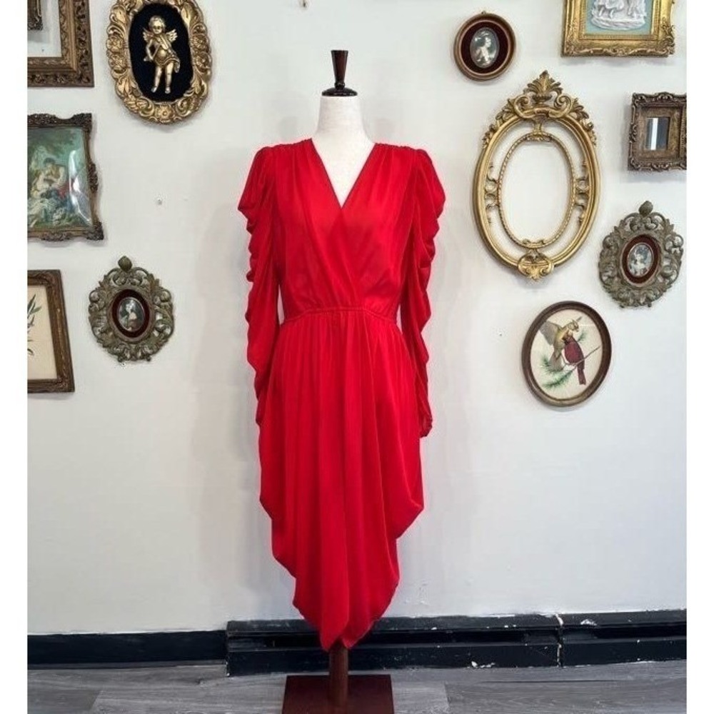 Vintage 80s Billy Jack for Her Red Drape Ruched Puff Sleeve Midi Dress